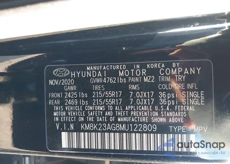 2021 Hyundai Kona Electric Sel z USA, uszkodzony, nr VIN KM8K23AG8MU122809